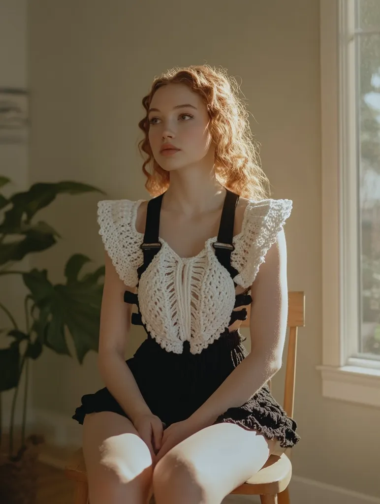 A young woman with long, curly auburn hair sits on a wooden chair, bathed in warm sunlight streaming from a nearby window. She wears a unique outfit: a crocheted off-white top with delicate detailing, layered over a black, ruffled mini-skirt. The top features thin black straps, creating a contrast against the lighter top.  Her expression is pensive, her gaze directed away from the camera. The overall aesthetic is soft, romantic, and subtly bohemian.