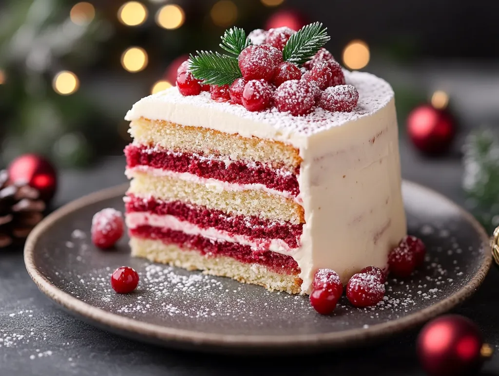 A delectable slice of layered cake takes center stage.  The cake boasts layers of light-colored sponge and vibrant red cranberry filling, generously frosted with a white cream cheese icing and dusted with powdered sugar. Fresh cranberries and a sprig of evergreen garnish the top.  The cake rests on a dark gray plate, scattered with powdered sugar and a few stray cranberries. The background features blurred Christmas decorations and lights, creating a festive ambiance.