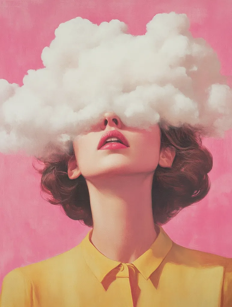 Here's a description of the image:

The painting depicts a woman with short, dark brown hair, wearing a mustard yellow collared shirt.  A large, fluffy white cloud obscures her eyes and forehead, extending across the upper portion of her face. Her lips are painted a vibrant pink, and her neck is long and slender. The background is a solid, bright pink, creating a striking contrast with the woman's clothing and the cloud. The style is surreal and dreamlike, with a smooth, almost hyperrealistic rendering of the woman and cloud. The overall effect is one of serene, yet slightly mysterious contemplation.