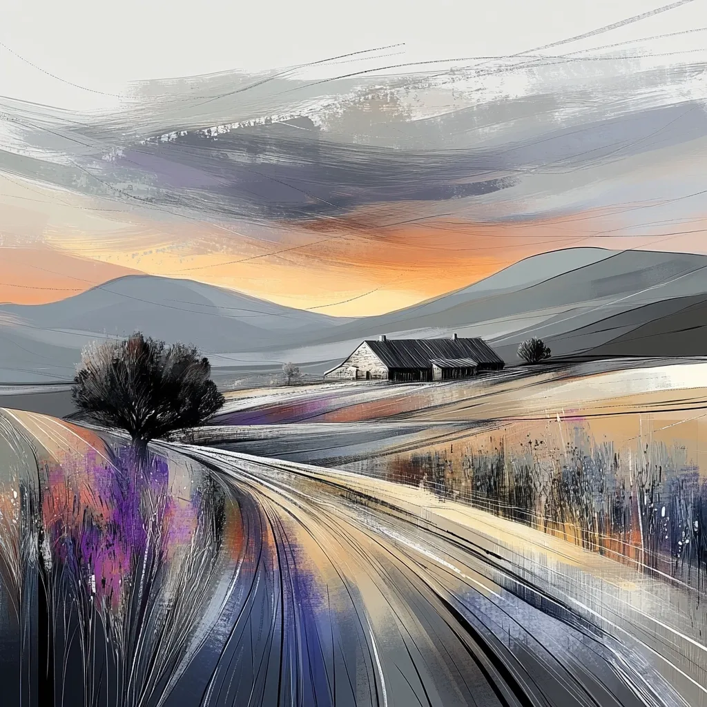 Here's a description of the image:

The artwork depicts a serene, stylized landscape at sunset.  A long, winding road, rendered with dynamic brushstrokes in muted grays, beiges, and oranges, leads the eye towards a simple stone barn nestled in a gently rolling field.  The background features hazy, grey-blue mountains under a dramatic sky with strokes suggesting clouds and a warm, golden sunset.  A lone, dark tree stands near the road, adding a sense of solitude. The overall style is impressionistic, emphasizing texture and atmosphere rather than precise detail.