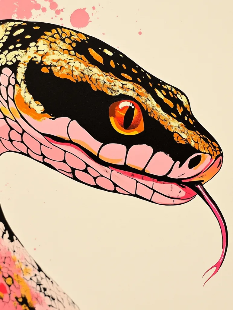 Close-up of a stylized snake painting.  The snake's scales are rendered in bold black, gold, and vibrant pink, creating a striking contrast against a pale cream background.  Pink paint splatters add a touch of dynamism. The snake's eye is a captivating orange, and its tongue is extended, adding to its energetic posture. The style is bold and graphic, possibly pop art inspired. The overall effect is one of vibrant color and striking composition.