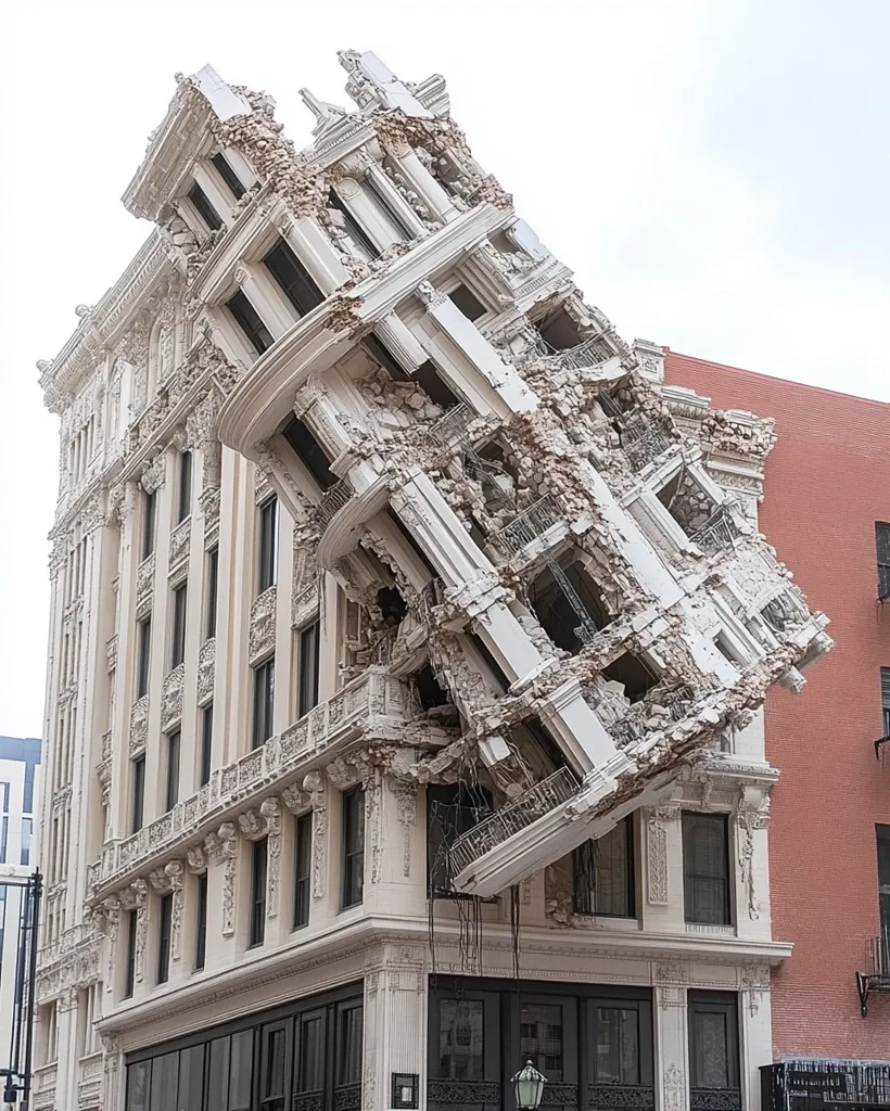 Here's a description of the image:

The photograph shows a striking art installation or architectural piece resembling a partially collapsed building.  A section of an ornate, white classical-style building appears to have catastrophically fallen, its upper stories now precariously angled and seemingly suspended over the remaining structure. The damage is detailed, with visible rubble and fractured stonework, yet strangely pristine and seemingly staged. The building's lower section remains intact, juxtaposing the ruin above. A modern-looking building of a contrasting reddish-brown color is visible in the background, accentuating the contrast between the damaged structure and its surroundings.