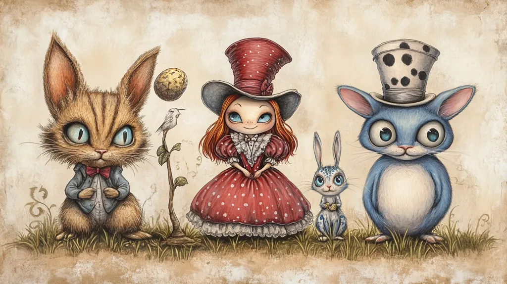 Here's a description of the image:

The illustration showcases a whimsical, fantastical lineup of four creatures against a muted, aged parchment background.  A tan rabbit-like figure in a waistcoat and bow tie stands on the left, next to a small plant and a bird.  Center stage is a girl in a red polka-dot dress and a large red hat, reminiscent of Alice in Wonderland. To the right, a blue, roundish rabbit-like creature wears a spotted top hat. Finally, a small, light blue rabbit holds something small in its paws. The style is reminiscent of children's book illustration, with a touch of gothic whimsy.  The overall effect is charming and slightly unsettling.
