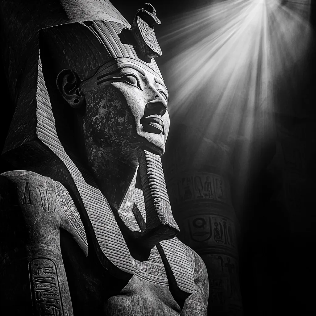 Here's a description of the image:

The black and white photograph showcases a majestic colossal statue, possibly of an Egyptian pharaoh, captured from the chest up.  The statue's face is sharply defined, showing intricate detailing in the headdress, beard, and facial features.  The stone is weathered, adding to its ancient aura.  A dramatic, bright light beams from the upper right, illuminating the statue against a darker background where hieroglyph-covered pillars are faintly visible. The contrast between light and shadow creates a powerful and evocative image. The overall impression is one of ancient power and mystery.