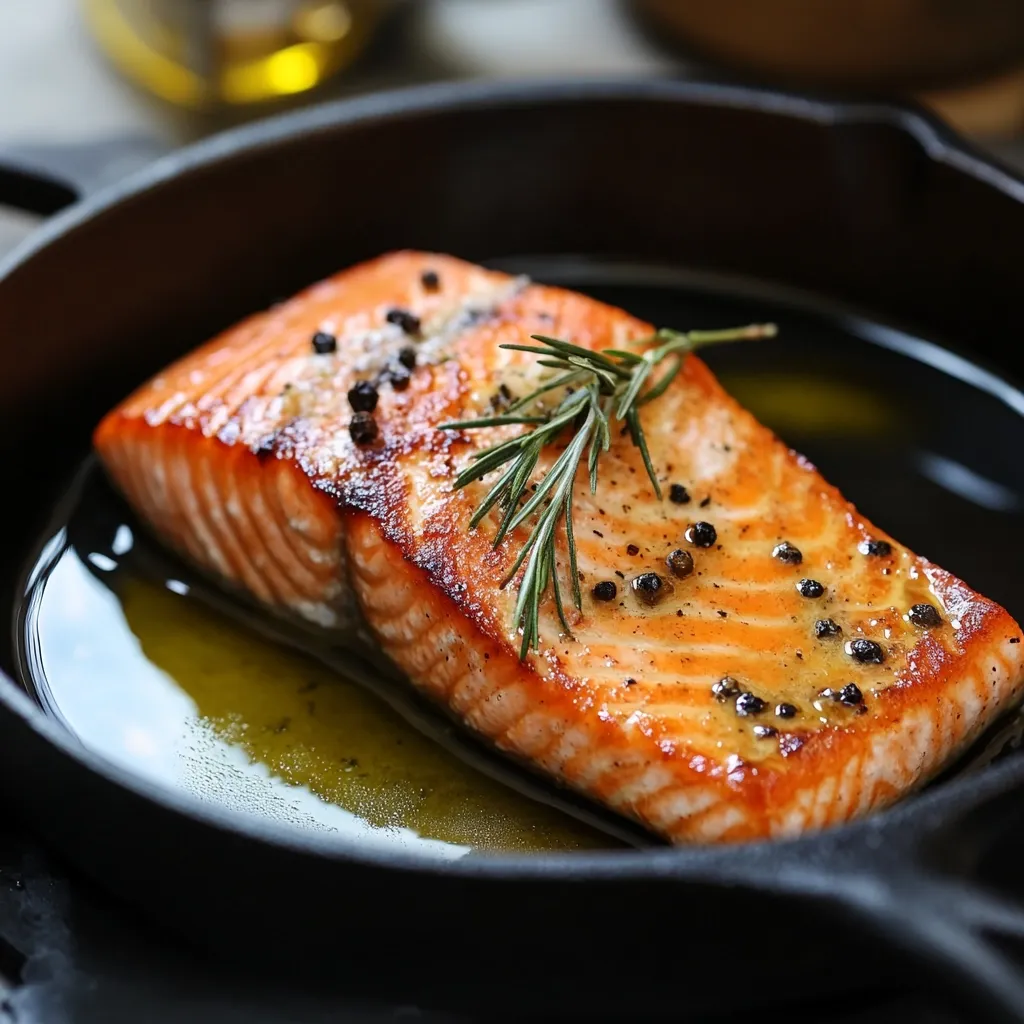 A perfectly pan-seared salmon fillet rests in a cast iron skillet.  The salmon is seasoned with black peppercorns and a sprig of rosemary sits atop it.  The fish is glistening with rendered fat, showing a beautiful golden-brown crust and a moist, flaky interior.  The dark skillet contrasts sharply with the vibrant orange of the cooked salmon. The image evokes a sense of warmth and culinary delight.