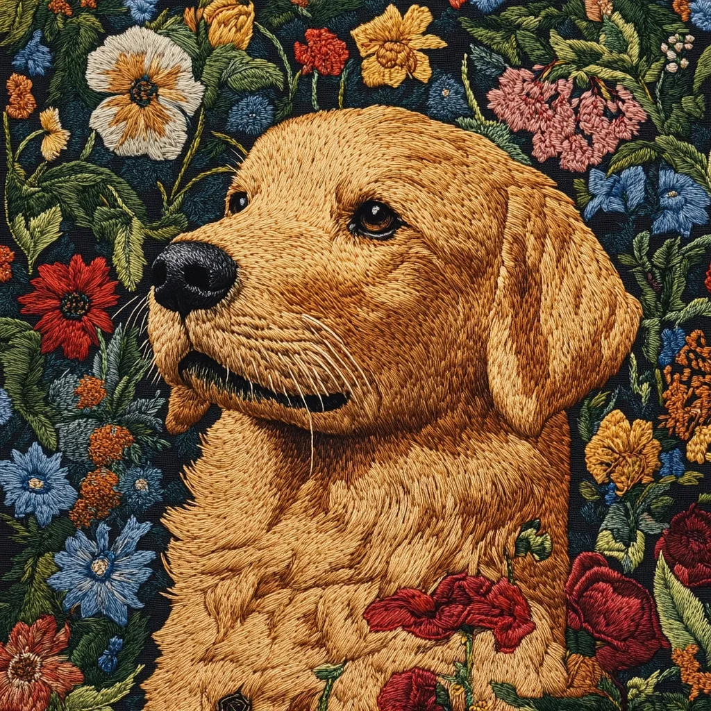 Here's a description of the image:

The image is a meticulously detailed embroidery depicting a golden retriever puppy nestled amongst a vibrant array of flowers. The puppy's fur is rendered with incredible realism, each strand seemingly stitched individually.  The flowers surrounding it are equally intricate, showcasing a wide variety of species in diverse colors and textures. The background is dark, making the golden hues of the dog and the bright colors of the flowers stand out. The overall effect is a stunning example of textile art, combining lifelike portraiture with a blossoming floral backdrop.