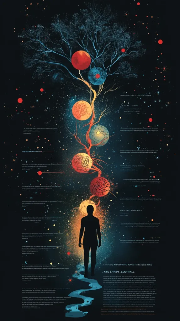 The image is a cosmic artwork depicting a stylized tree of life rising from a flowing river toward a starry expanse. The tree's branches bear celestial bodies—planets or moons—in varying hues of red, orange, and blue. A silhouetted human figure walks along the river towards the tree.  Surrounding the central image are fragments of text, possibly descriptions or explanations, suggesting a narrative or symbolic meaning related to the cosmos, life, and the journey of existence. The overall style is mystical and surreal.