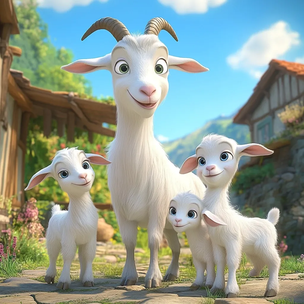 A charming image depicts a mother goat and her two adorable kids. The goats are rendered in a fluffy, cartoonish style with large, expressive eyes.  They stand on a stone path in a quaint village setting, with a rustic house and lush greenery in the background. The sun shines brightly, creating a cheerful and idyllic scene.  The mother goat looks directly at the viewer with a gentle expression, while her kids stand close by. The overall style suggests a children's animation or movie still.