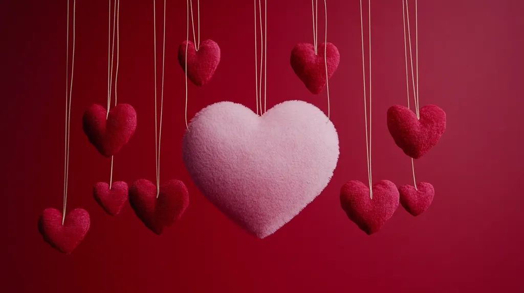 Against a deep red backdrop, numerous plush hearts dangle from thin strings.  A larger, light pink heart takes center stage, surrounded by smaller, deep red hearts of varying sizes and positions. The image evokes a feeling of romance and affection, typical of Valentine's Day imagery. The soft texture of the hearts is visually apparent, creating a warm and fuzzy aesthetic.