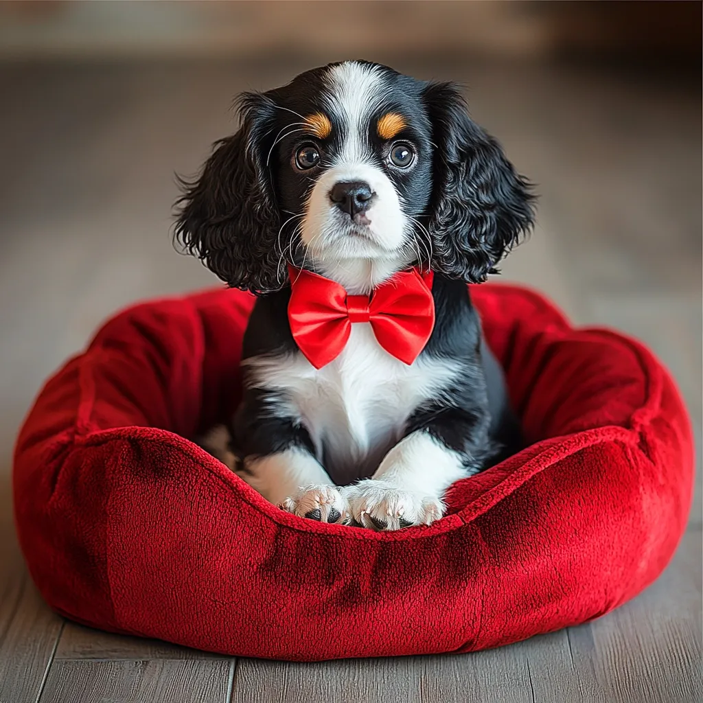 Here's a description of the image:

An adorable Cavalier King Charles Spaniel puppy, with a predominantly black and white coat, sits serenely in a plush, heart-shaped red dog bed.  The puppy is wearing a bright red bow tie, adding to its charming appearance. Its large, expressive eyes gaze directly at the viewer. The background is blurred, focusing attention on the cute puppy in its cozy bed. The overall image is warm, inviting, and evokes feelings of love and affection.