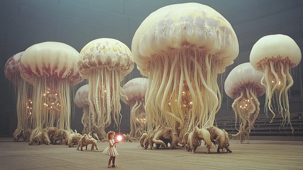A young girl in a white dress stands in a large, empty hall, holding a glowing orb.  Towering over her are several enormous, surreal jellyfish-like sculptures. Their bulbous bodies are off-white, and numerous long, thin tendrils hang down, ending in what appear to be light sources. Smaller, similar creatures are scattered on the floor, creating a whimsical and slightly eerie atmosphere. The scene is dreamlike and fantastical.