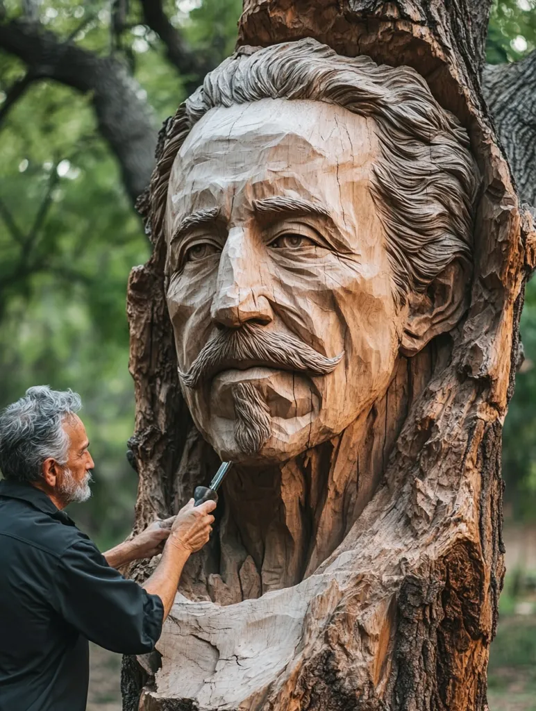 An older man meticulously carves a detailed wooden sculpture of a man's head into the trunk of a large tree.  The sculpture is remarkably lifelike, capturing the subject's weathered features, including his mustache and expressive eyes. The artist, with focused concentration, uses a small carving tool, his actions suggesting both precision and skill. The natural background of trees provides a serene setting for this outdoor artistic endeavor. The sculpture is deeply integrated into the tree's form, creating a powerful and unified artwork.