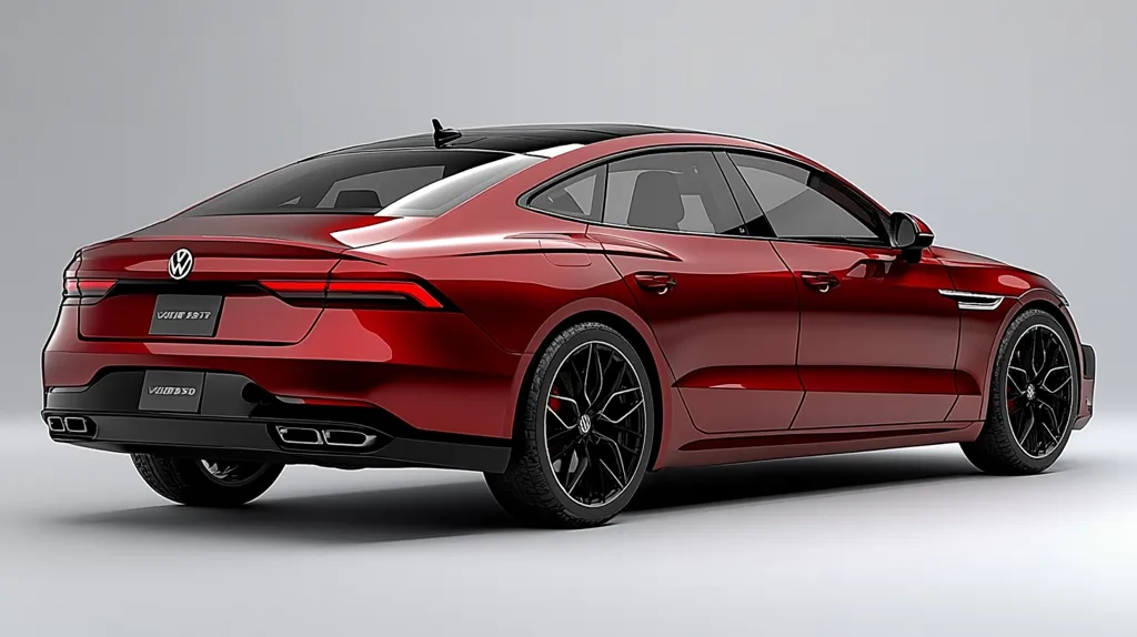 Here's a description of the image:

The image shows a rear three-quarter view of a dark red, four-door Volkswagen e-tron GT.  The car is sleek and modern, with a low profile and sharply angled lines.  Black wheels with a multi-spoke design are prominent, and the car's metallic paint gleams under studio lighting.  The Volkswagen logo is visible on the rear, along with "e-tron GT" badging. The background is a simple, neutral gray. The overall impression is one of luxury and high performance.