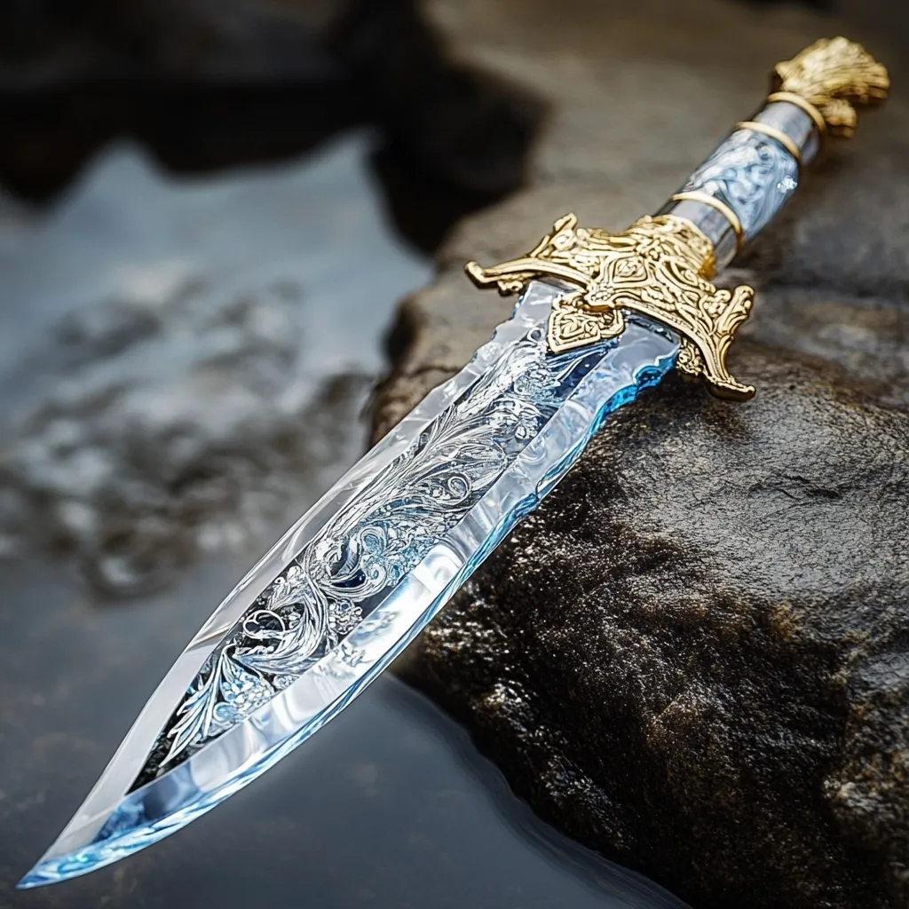 Here's a description of the image:

The image showcases an exquisitely crafted dagger, seemingly made of translucent blue ice or crystal.  Intricate, swirling gold filigree adorns the hilt and extends partially down the blade, contrasting beautifully with the cool blue. The dagger rests on a dark, wet rock near a body of water, its reflection subtly visible in the still surface. The overall aesthetic is one of fantasy and elegance, suggesting a magical or mythical origin. The lighting highlights the intricate details, enhancing the ethereal quality of the piece.
