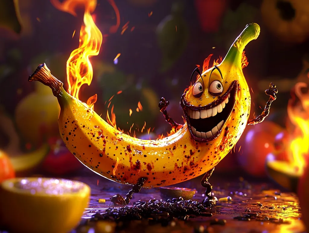 Here's a description of the image:

The image is a vibrant, digitally rendered depiction of an anthropomorphic banana engulfed in flames. The banana is grinning wildly, its peel speckled with what appears to be charred bits and a dark, possibly syrupy substance.  It has small, spindly legs and arms, appearing to playfully flail as it’s ablaze. The background is blurred but shows other fruits and hints of fire, suggesting a chaotic, playful, and slightly sinister scene. The overall style is cartoonish yet realistic in its rendering of texture and lighting.