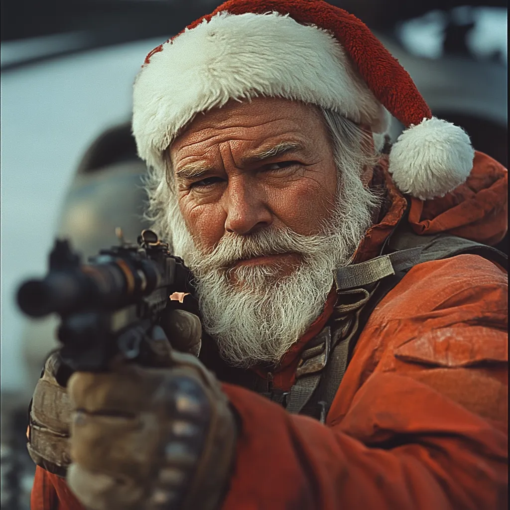 Here's a description of the image:

Close-up view of a man with a long white beard and mustache, wearing a Santa Claus hat and a red parka. He's aiming a submachine gun directly at the viewer.  His expression is serious and intense, contrasting sharply with the festive hat. The background is blurred, suggesting a cold, outdoor setting.  The overall effect is jarring, juxtaposing the cheerful image of Santa with the menacing weapon.