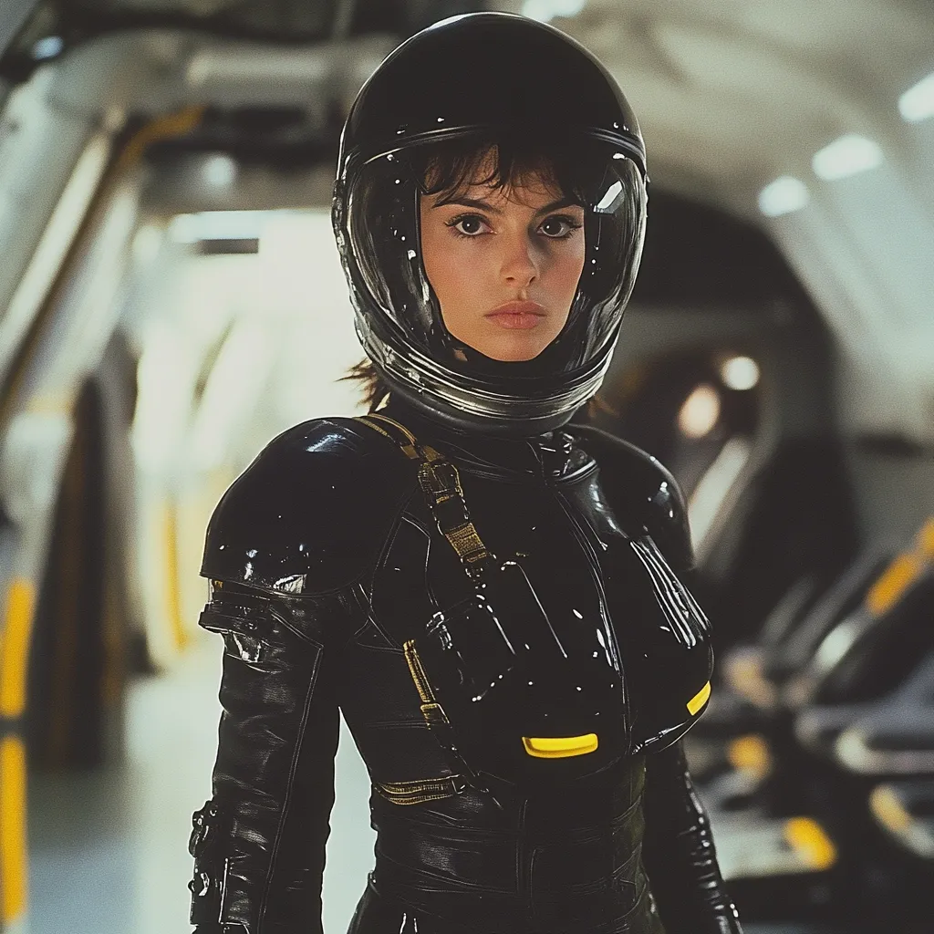 A woman in a futuristic, black, glossy spacesuit stands in a dimly lit corridor. Her helmet, also black and reflective, is down, revealing a serious expression on her face. The suit features protective plating and straps, suggestive of advanced technology. The background is blurred, showing more of the futuristic environment. The overall image evokes a science fiction setting.