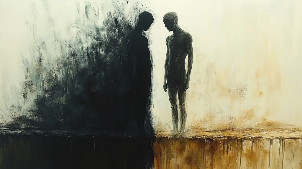 The painting depicts two androgynous figures standing on a ledge that divides a dark, abstract background from a light, earthy one. The figure on the left is shrouded in darkness, while the one on the right is exposed to light, their bodies sculpted with detail.  The contrasting backgrounds and the figures' postures suggest a theme of duality, perhaps representing opposing forces or internal conflict. The overall style is expressionistic, with textured brushstrokes creating a sense of depth and emotion.