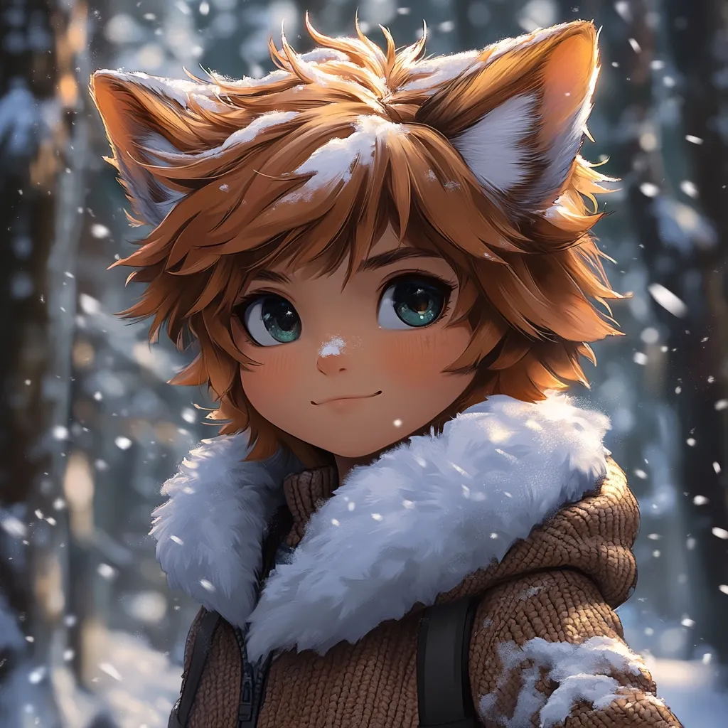 Here's a description of the image:

The image is a digital painting of an anime-style character, appearing as a young boy with fox-like ears.  He possesses large, expressive green eyes and peach-toned skin. His short, light brown hair is dusted with snow, and he wears a warm, brown knit jacket with a fluffy white fur-trimmed hood.  Snow gently falls around him in a softly lit wintry forest background. His expression is gentle and slightly smiling, creating an overall cute and heartwarming scene. The style is highly detailed, focusing on soft textures and a dreamy atmosphere.