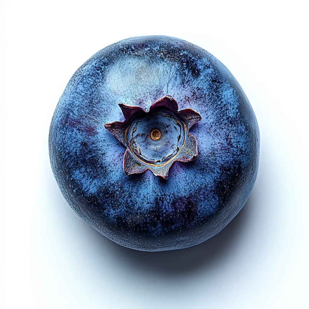 Here's a description of the image:

Close-up view of a single, plump blueberry against a stark white background. The blueberry is a deep, rich blue-purple color, with subtle variations in shade across its surface. Its bloom is clearly visible, a star-shaped crown of tiny, dark purple sepals surrounding a small, central depression. The blueberry's skin appears slightly textured, giving it a natural, unpolished look.  The lighting emphasizes the berry's roundness and highlights the details of its color and texture.