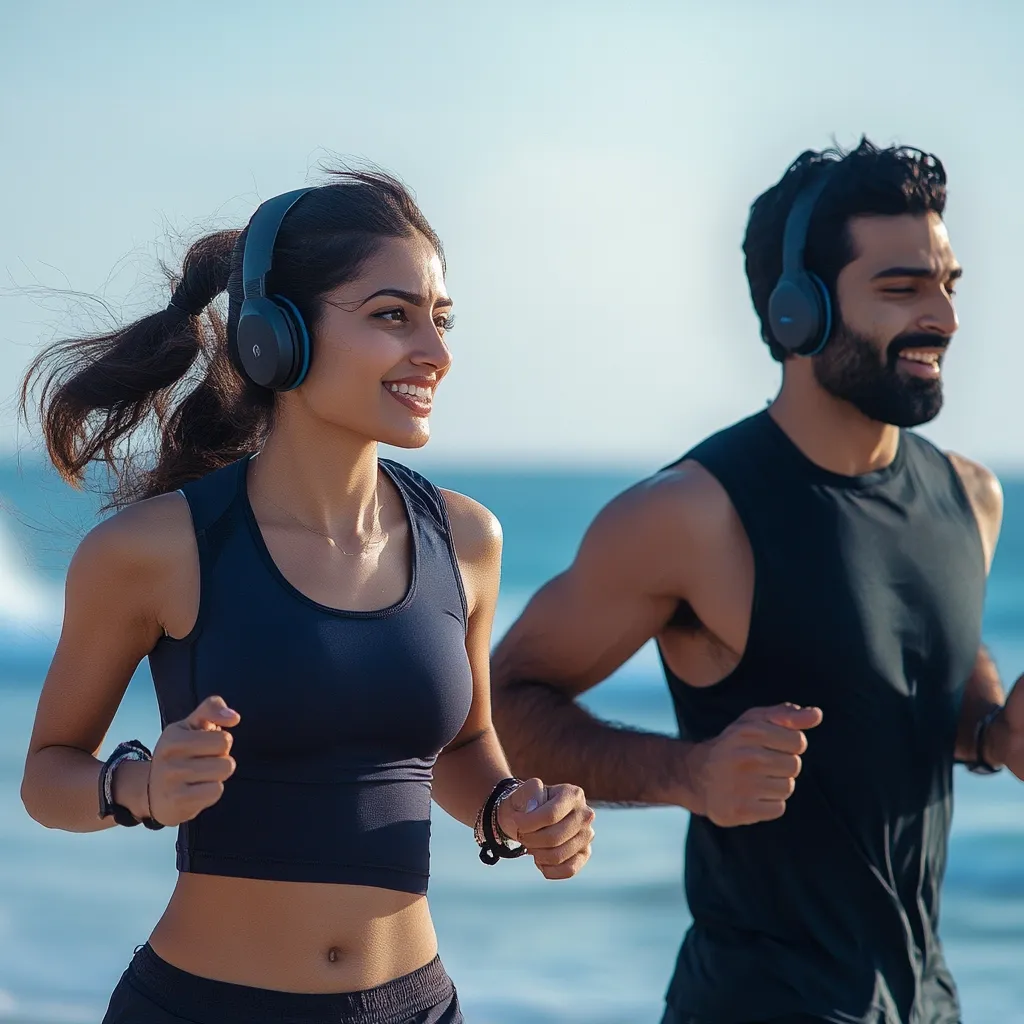 A young man and woman jog along a beach, both wearing wireless headphones and athletic wear.  The woman, with dark hair pulled back, smiles contentedly. The man, with a beard, also appears happy and focused on their run.  The ocean provides a calming backdrop to their outdoor workout. The bright sunlight illuminates their energetic activity.  Both are clearly enjoying their exercise.