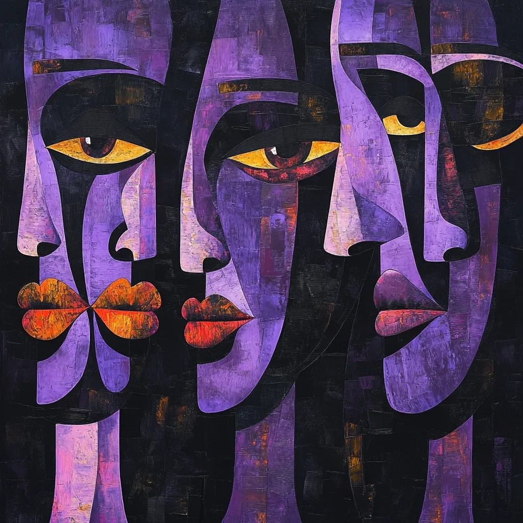The artwork is an abstract portrait of three women's faces, rendered in a cubist style. Predominantly purple and dark hues are used to create a sense of mystery and depth.  The faces are partly overlapping, suggesting a close connection or unity.  Bold, expressive eyes and lips contrast with the more geometric structure of the faces, enhancing the emotional impact. The impasto painting technique adds texture and visual interest. The overall style is modern and evocative.