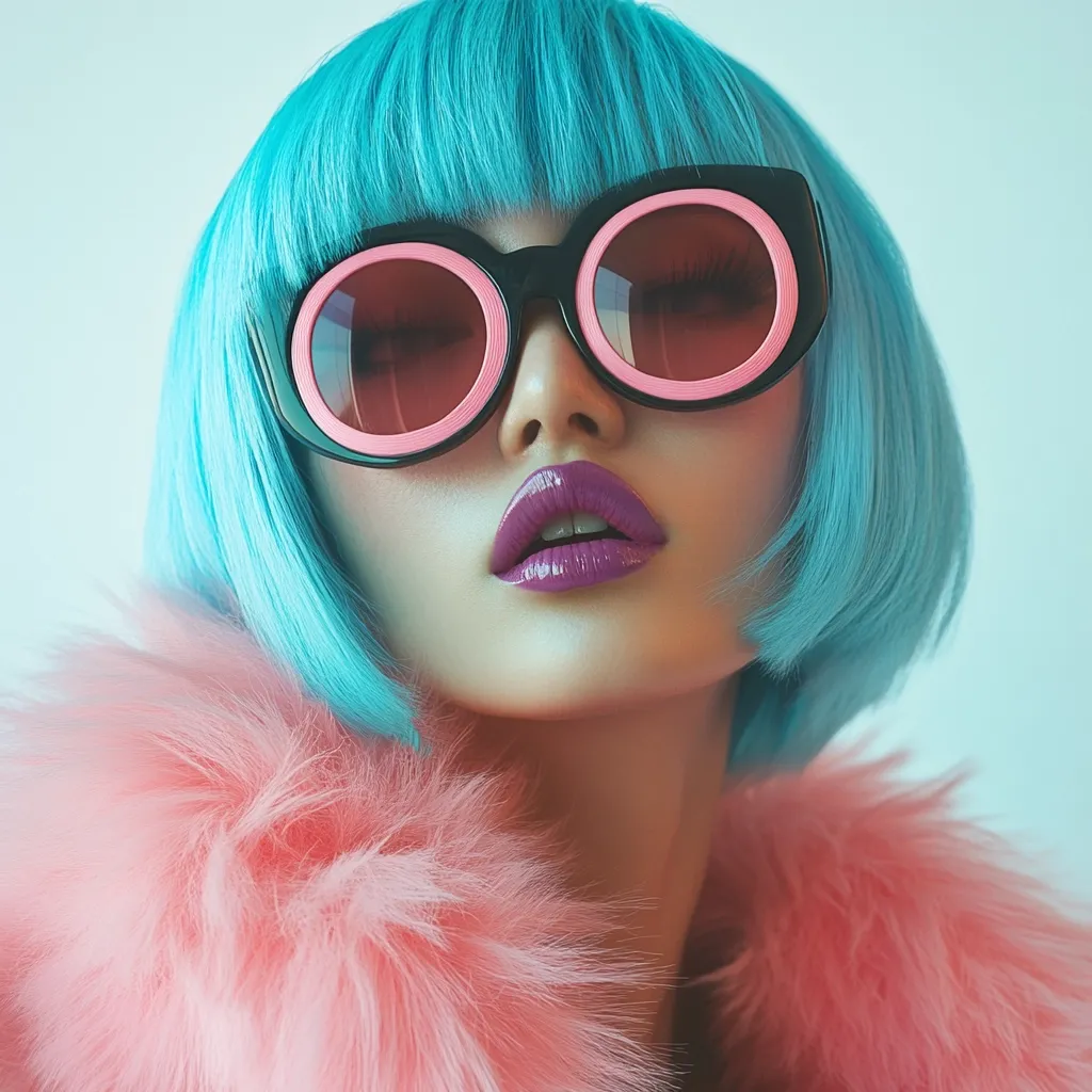 Close-up of a fashion model with a vibrant teal bob wig and oversized, round pink-rimmed sunglasses.  She wears a fluffy, light pink fur collar.  Her makeup features a bold purple lipstick. The overall aesthetic is bold, retro, and playful, with a strong emphasis on contrasting colors and textures. The soft lighting enhances the model's features and the image's dreamy quality.