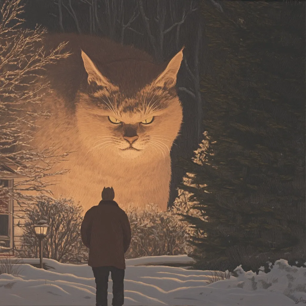 A person stands before a colossal, menacing cat in a snowy, winter landscape.  The cat, illuminated from behind, looms large, its intense gaze fixed on the individual.  The scene is painted in muted tones, creating a sense of foreboding.  The small figure of the person emphasizes the cat's immense size and power, suggesting a confrontation or imminent threat.  The dark trees and snow-covered ground add to the wintry, mysterious atmosphere.