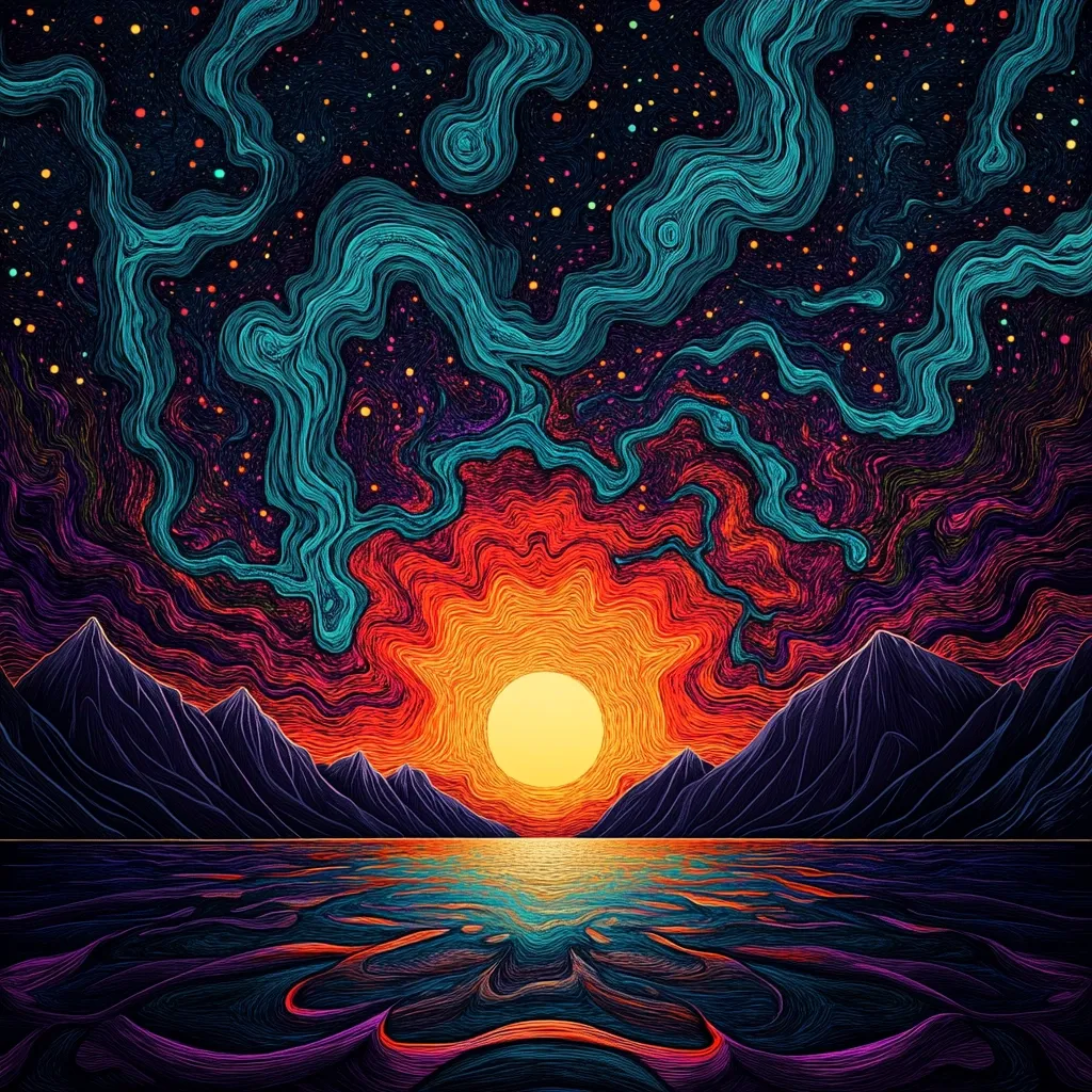 The image is a vibrant, psychedelic depiction of a sunset over a calm body of water.  Intricate, swirling lines create a textured sky filled with teal and purple clouds, contrasting with a fiery orange and red sunset.  Silhouetted mountains frame the scene, their dark forms emphasizing the radiant colors of the sky and sun.  The water reflects the colors, adding depth and mirroring the swirling patterns above. The overall style is reminiscent of a detailed ink drawing or engraving with a surreal and dreamlike quality.