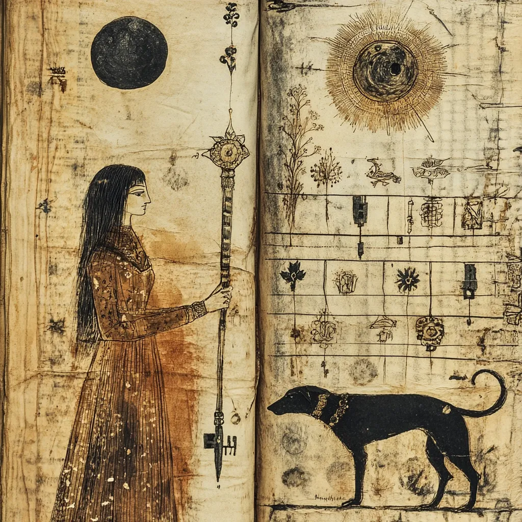 Here's a description of the image:

The image shows a double-page spread from an antique book or manuscript.  The left page features a stylized drawing of a woman in a long gown, holding a tall, ornate staff. A dark circle, possibly representing the moon, is positioned above her. The right page displays a variety of symbolic sketches: a sun-like image, stylized plants, geometric shapes, and what looks like a small dog or hound. The overall style suggests a mystical or alchemical theme, with the imagery appearing hand-drawn in sepia tones on aged, textured paper. The details are intricate, hinting at a rich symbolic language within the artwork.