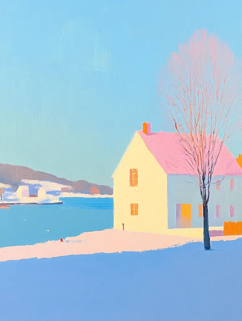 Here is a description of the image:

The painting depicts a tranquil winter scene. A pale yellow and light blue house with a pink roof stands prominently, nestled beside a leafless, delicate tree. The house sits near a calm body of water, reflecting the pale blue sky. In the distance, a snowy landscape and faint mountains are visible. The overall style is impressionistic, with visible brushstrokes lending texture and softness to the pastel colors, creating a peaceful and serene atmosphere. The snow on the ground around the house is suggested with pale pink and white strokes.
