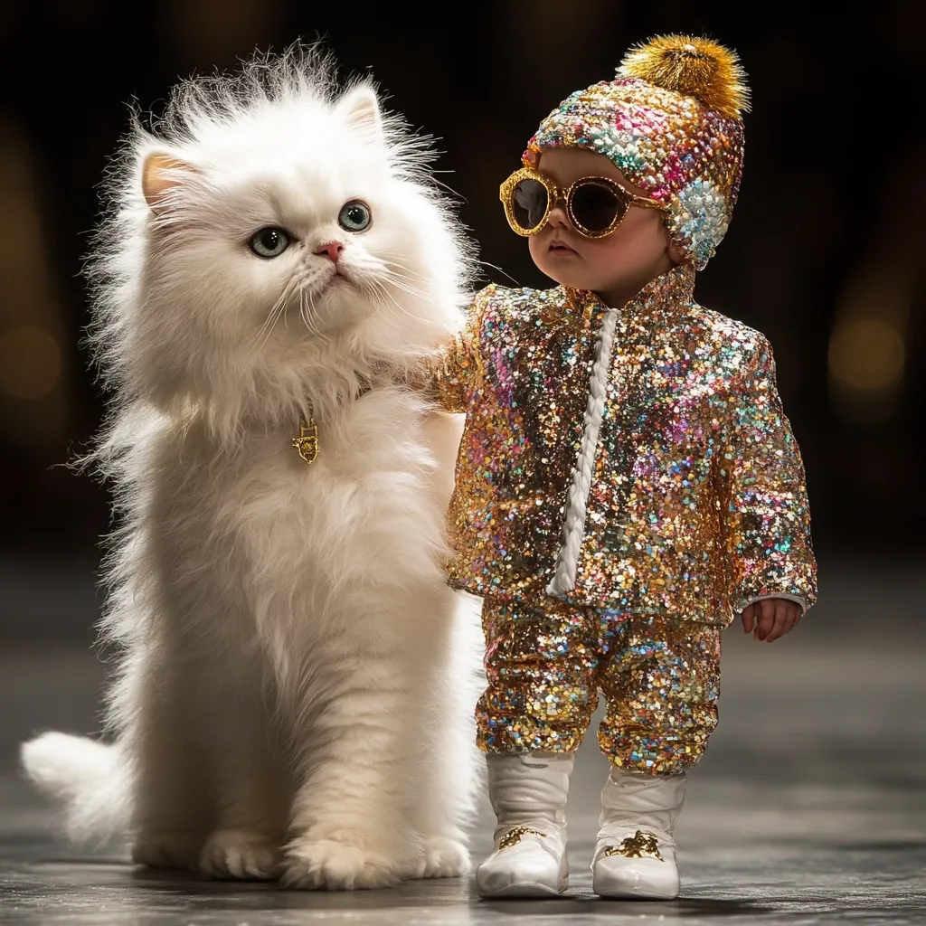 Here's a description of the image:

A fluffy white Persian cat sits beside a toddler dressed in a dazzling gold sequin jumpsuit and matching beanie.  The child, wearing stylish sunglasses, looks directly at the camera.  The cat, wearing a gold collar, seems calm and patiently poses next to the toddler. The background is blurred, suggesting a fashion show or similar event.  The overall impression is one of stylish elegance and a charmingly unusual pairing.