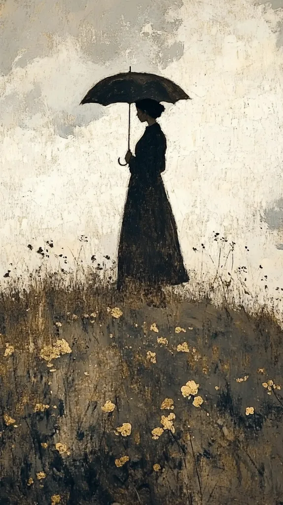 The painting depicts a solitary woman, silhouetted against a muted sky, standing in a field of sparse vegetation. She holds a dark umbrella, her long dress flowing down to the ground.  The overall palette is subdued, consisting mainly of dark grays, browns, and hints of gold, scattered like wildflowers across the landscape. The style is impressionistic, with visible brushstrokes creating a textured, almost melancholic atmosphere. The woman's posture suggests quiet contemplation.