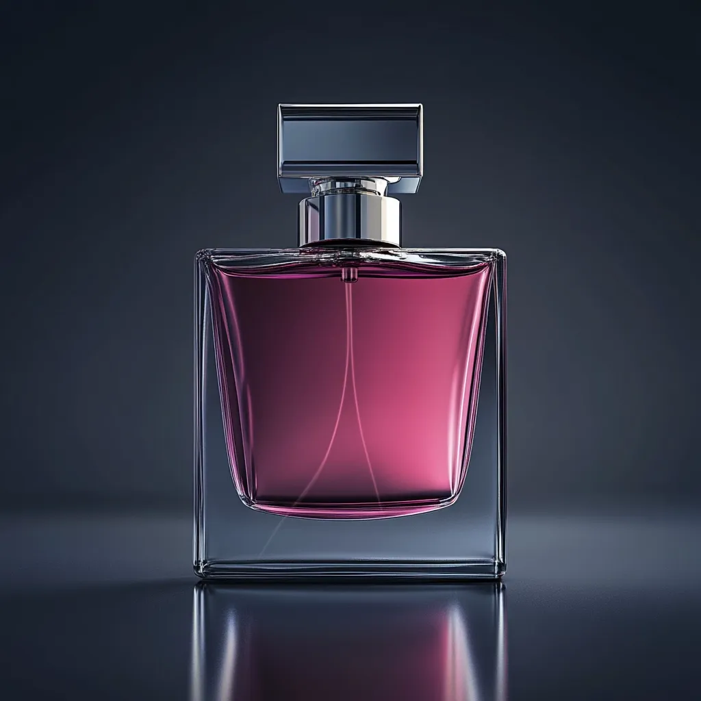 A close-up shot reveals a sophisticated perfume bottle.  The bottle is rectangular with clean, sharp lines, crafted from clear glass showcasing a deep pink fragrance within. A silver, minimalist cap tops the bottle, adding a touch of elegance. The bottle sits on a dark, reflective surface, creating a mirrored image below.  The overall aesthetic is one of modern luxury and simplicity.