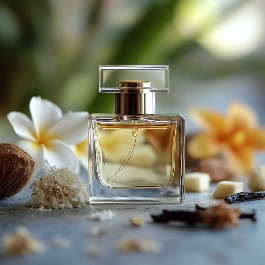 A sophisticated perfume bottle takes center stage, its amber liquid gleaming against a soft-focus background of lush greenery.  Surrounding the bottle are natural elements: a fragrant plumeria blossom, desiccated coconut, and vanilla beans, hinting at the perfume's exotic scent profile.  The overall aesthetic is one of calm luxury and natural beauty.