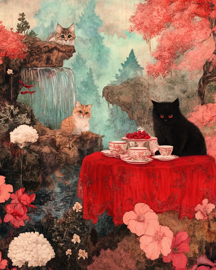 Here's a description of the image:

A whimsical watercolor painting depicts a fantastical garden scene. Three cats are the focal point: a grey tabby perched on a rock overlooking a waterfall, an orange tabby sitting calmly near the waterfall, and a black cat with glowing red eyes seated at a red lace-covered table.  The table holds a delicate tea set and a bowl of raspberries. Lush, vibrant flowers and trees, rendered in soft, dreamlike colors, surround the cats and the table. The overall mood is serene and slightly magical.  The background features a cascading waterfall and misty, atmospheric mountains.