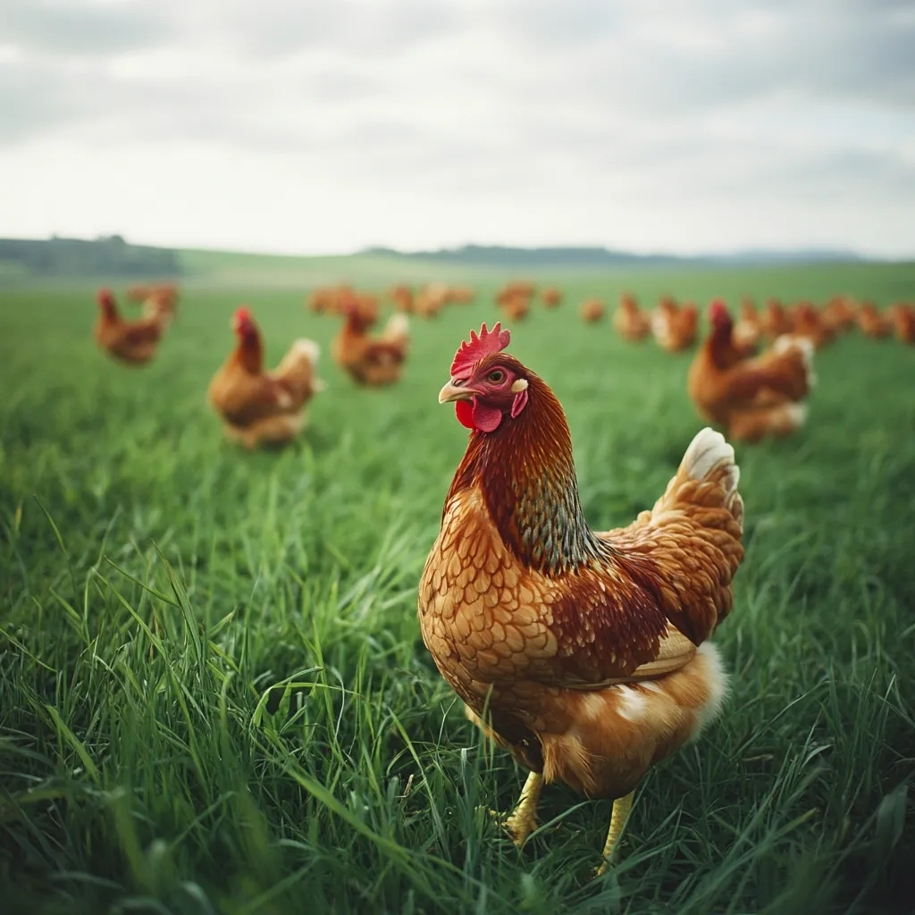A Rhode Island Red hen stands in a lush green pasture, its reddish-brown plumage contrasting beautifully with the vibrant grass.  Numerous other hens of similar breed are visible in the blurred background, creating a peaceful, pastoral scene. The cloudy sky hints at a gentle day in the countryside.  The hen in the foreground is alert and appears content amidst its flock.
