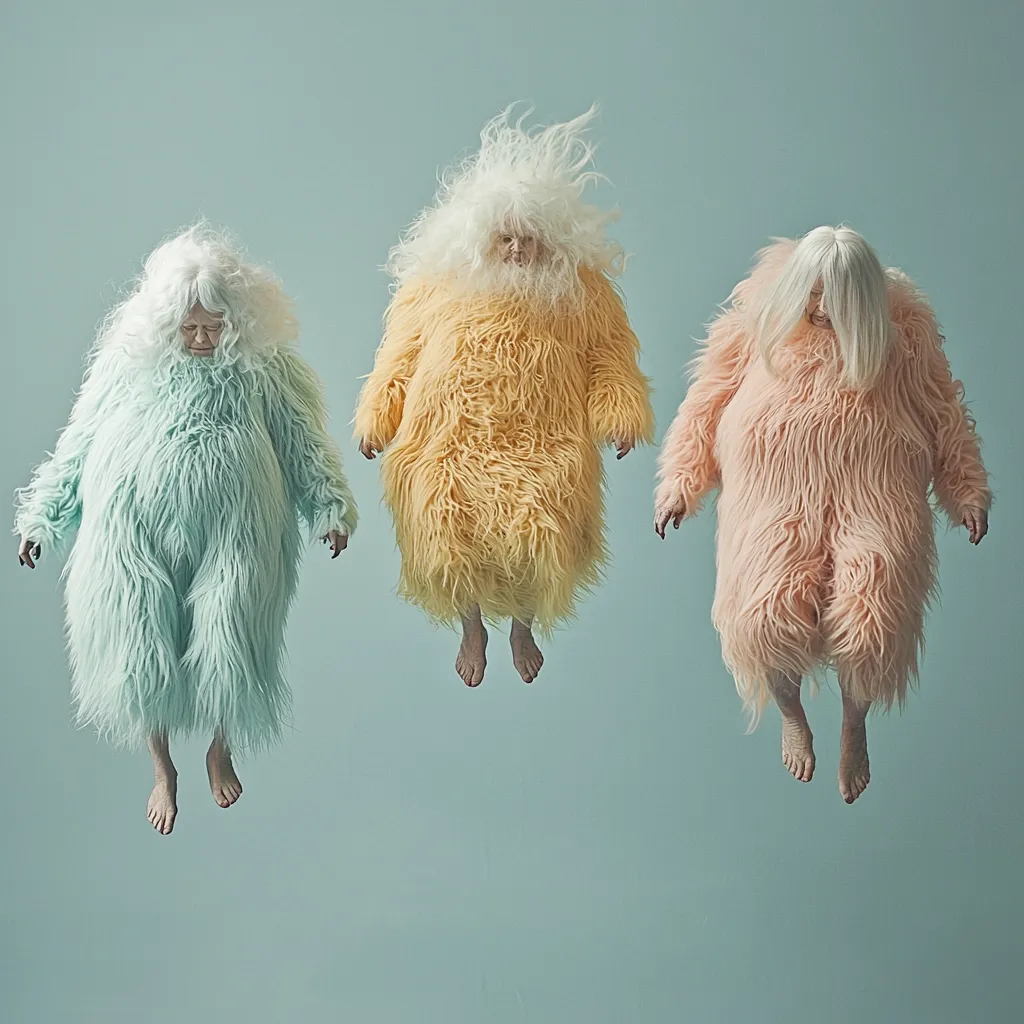 Three figures, appearing elderly with long white hair, float against a pale teal backdrop. Each wears a voluminous, fluffy jumpsuit in pastel shades:  mint green, pale yellow, and peach. Their expressions are obscured by the fluffy garments, creating a whimsical and slightly eerie effect. The image's surreal quality is heightened by the levitation, suggesting a dreamlike or fantastical scene.  The overall aesthetic is both playful and unsettling.
