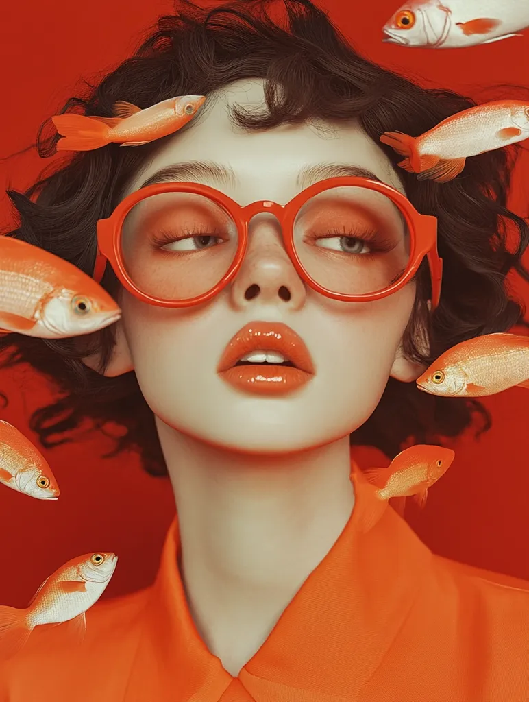 A young woman with dark, curly hair wears large, round, orange glasses.  She's styled in a vibrant orange collared shirt against a matching red background.  Several small orange goldfish appear to swim around her face and shoulders, creating a surreal, dreamlike effect.  The overall image is bold, saturated, and aesthetically striking.  The color palette is unified, emphasizing the orange tones.