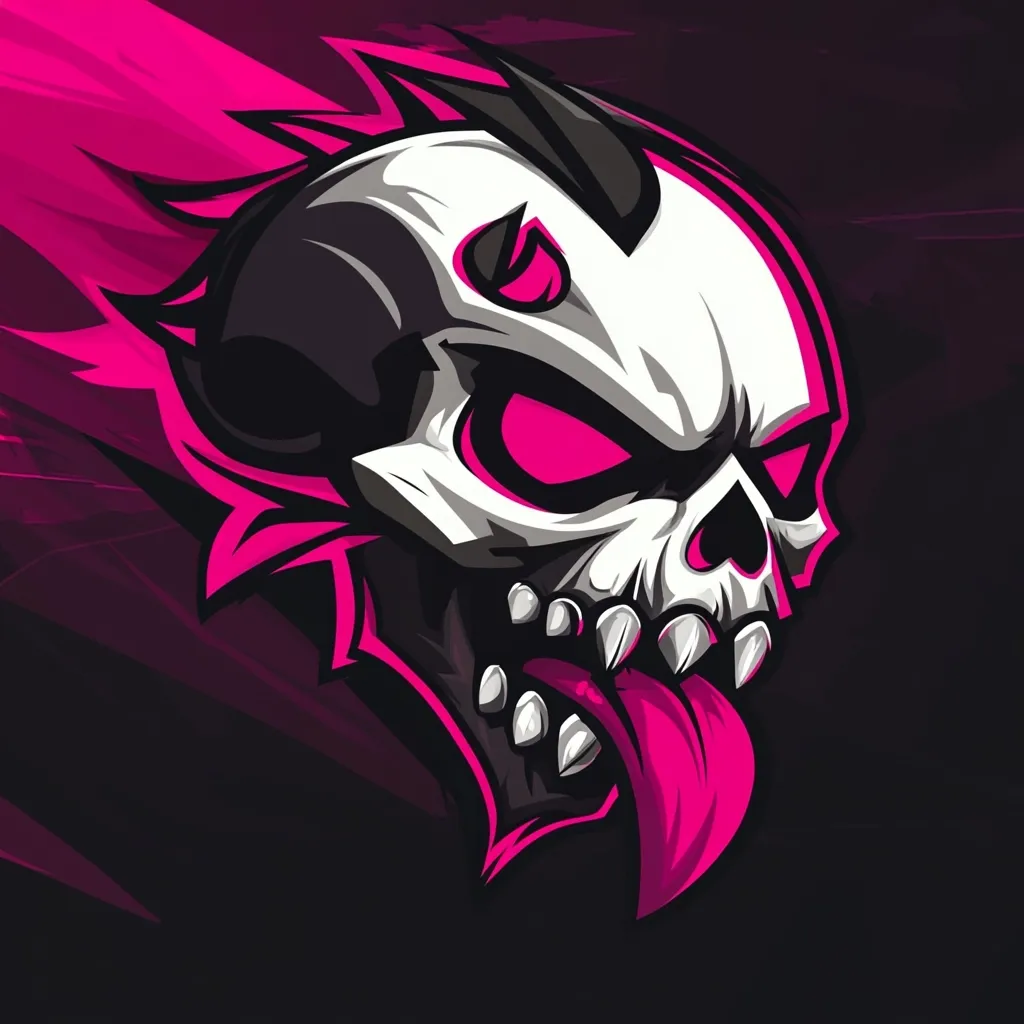 The image showcases a stylized skull mascot, likely for a gaming team or brand. The skull is predominantly white and grey, with sharp, demonic horns and glowing pink eyes. Its mouth is agape, revealing sharp teeth and a bright pink tongue.  Surrounding the skull is a vibrant pink, flame-like design, adding to its aggressive and edgy aesthetic. The background is a dark, moody purple-black, creating a striking contrast with the skull's bright elements. The overall style is bold and graphic, suggesting power and a rebellious spirit.