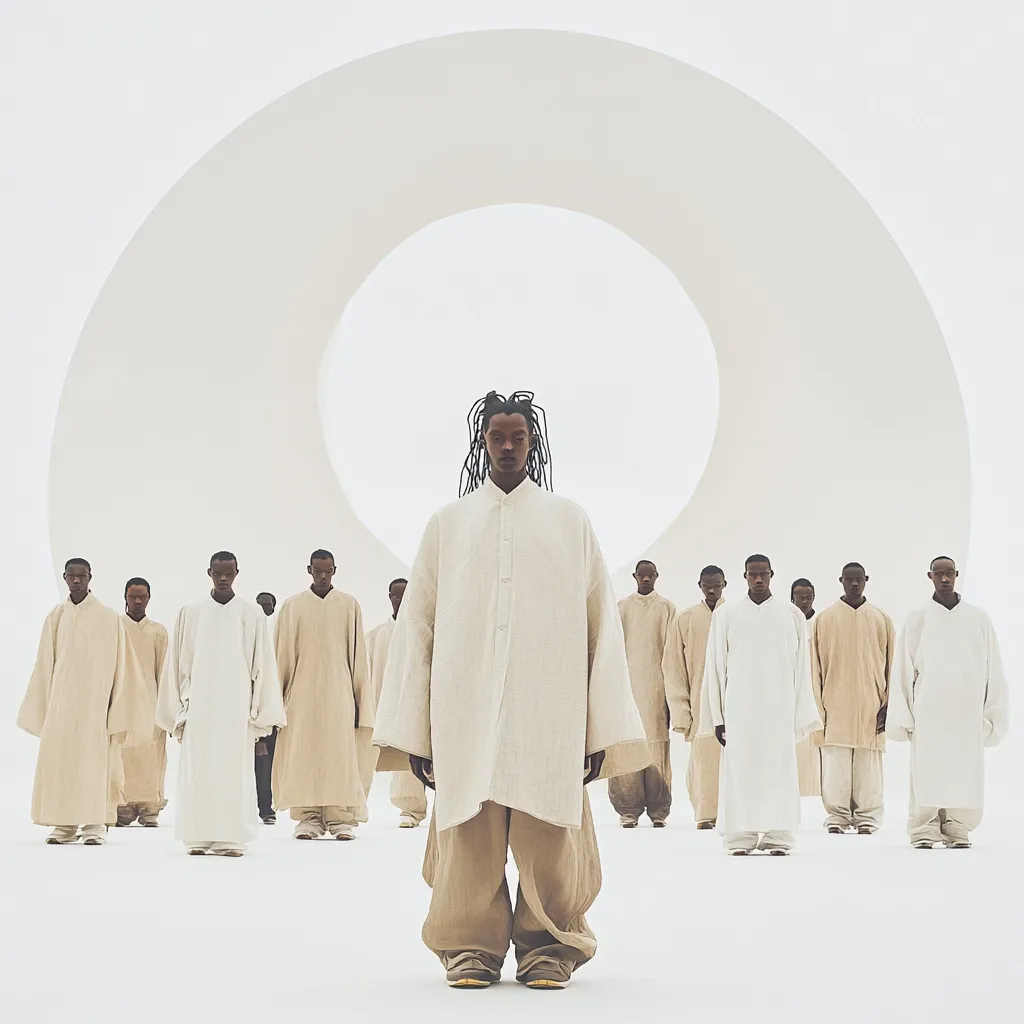 A central figure, a Black man with long dreadlocks, stands prominently in a loose, oversized beige linen shirt and pants.  He's positioned before a line of similarly attired men, all wearing variations of beige and off-white loose-fitting robes.  The group stands against a stark white backdrop featuring a large, circular white structure.  The scene is minimalist and monochromatic, emphasizing the central figure and the uniformity of the ensemble.