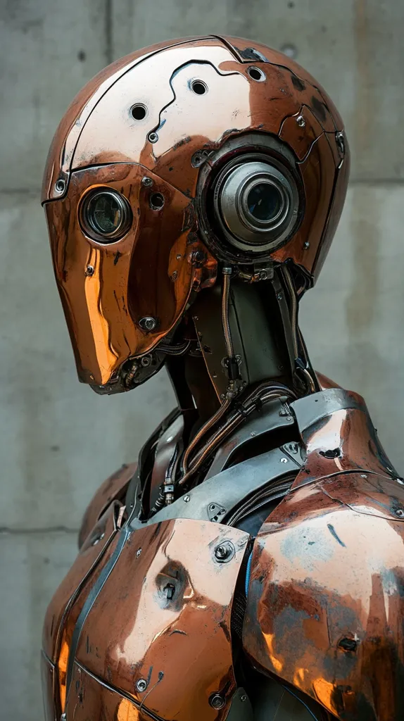 The image shows a close-up of a humanoid robot's head and shoulders.  Its body is crafted from polished copper-colored metal, revealing intricate mechanical details and visible seams.  The head features a camera-like lens and small, circular ports.  The robot's design is sleek and futuristic, with a visible network of cables connecting its head and torso. The background is a muted grey concrete wall. The overall aesthetic is one of polished industrial design.
