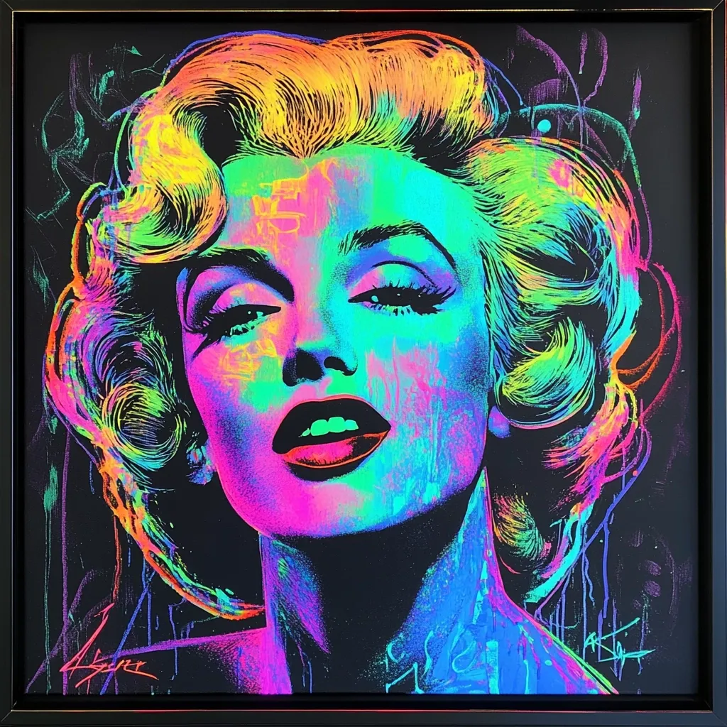 Here's a description of the image:

The artwork is a vibrant, neon-colored portrait of Marilyn Monroe. Her iconic blonde hairstyle is rendered in a spectrum of bright pinks, greens, blues, and yellows, giving it a psychedelic, almost holographic effect.  The background is dark, with splashes of color suggesting drips and splatters, creating a dynamic contrast to the bright figure.  Her expression is alluring and confident. The style is contemporary and bold, blending elements of pop art and graffiti. The painting is framed in black, enhancing the overall intensity.