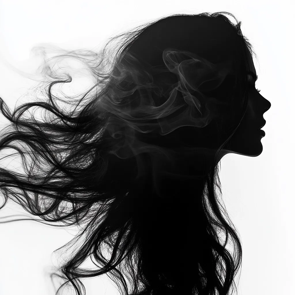 The image is a monochrome profile silhouette of a woman with long, flowing hair.  Her face is partially obscured by wisps of smoke or vapor that swirl around her head and blend with her dark hair. The contrast between the stark black silhouette and the ethereal gray smoke creates a mysterious and somewhat melancholic mood. The overall effect is artistic and evocative, suggesting themes of fleeting moments, introspection, or even a spiritual element.