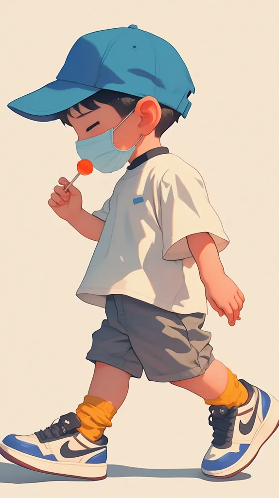 Here's a description of the image:

The illustration showcases a young child, possibly a toddler, depicted in a stylized anime or manga style. The child is wearing a blue baseball cap, a white t-shirt, gray shorts, and orange socks with blue and white sneakers.  A medical face mask partially covers their face, and they hold a lollipop. The child is walking, their body angled slightly to the left, giving a sense of movement. The art style is soft and warm, with a focus on clean lines and subtle shading, creating a charming and peaceful mood. The background is a simple, light beige.