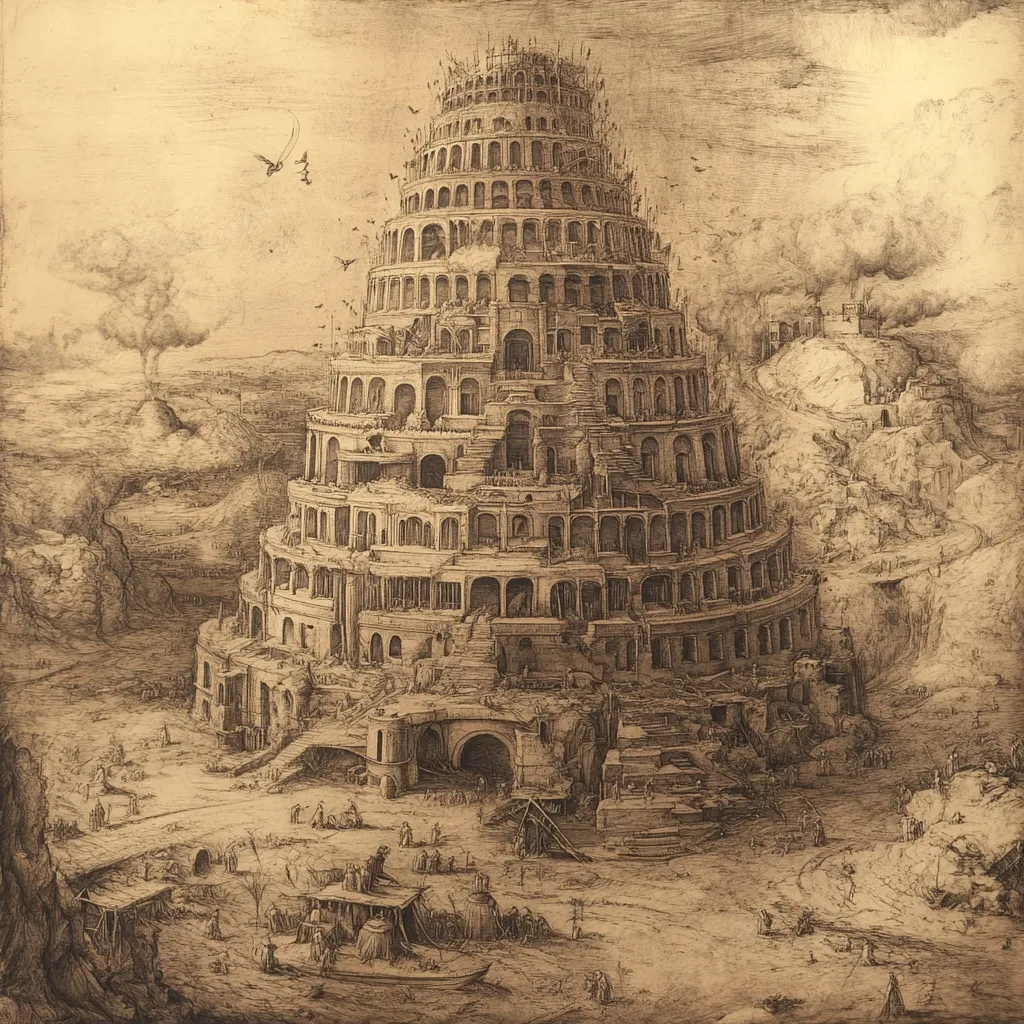 This sepia-toned etching depicts the Tower of Babel, a massive, unfinished ziggurat.  Numerous tiny figures are shown working on the structure, which is rendered with incredible detail showcasing its layered architecture and decaying state.  The landscape is desolate, with rocky hills and a few small boats at the base.  Birds fly in the sky above, and a hazy atmosphere adds to the scene's sense of scale and antiquity.  The overall impression is one of ambition thwarted, a testament to human hubris and divine intervention.