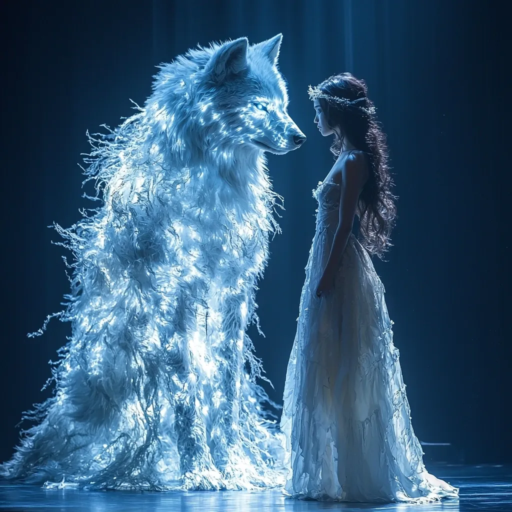A young woman in a flowing white gown stands facing a luminous, ethereal wolf. The wolf, seemingly made of light and feathers, glows with an icy blue light.  The scene is dark, dramatic, and otherworldly, suggesting a mystical connection between the woman and the creature.  The image's ethereal quality evokes a sense of fantasy or a dreamlike state. The woman's serene expression mirrors the wolf's calm gaze.