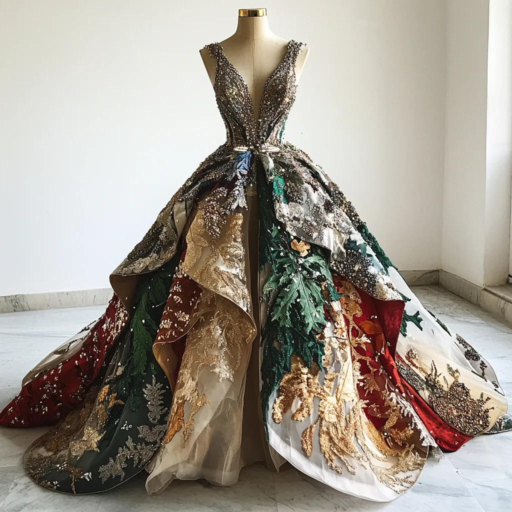 A stunning, multicolored ball gown is displayed on a mannequin.  The sleeveless, V-neck gown features intricate beading and embroidery in shades of gold, green, and red, creating a richly textured, layered effect.  The skirt is voluminous, with cascading ruffles and appliqués suggesting leaves and floral patterns. The overall design is opulent and extravagant, suitable for a high-fashion or formal event.
