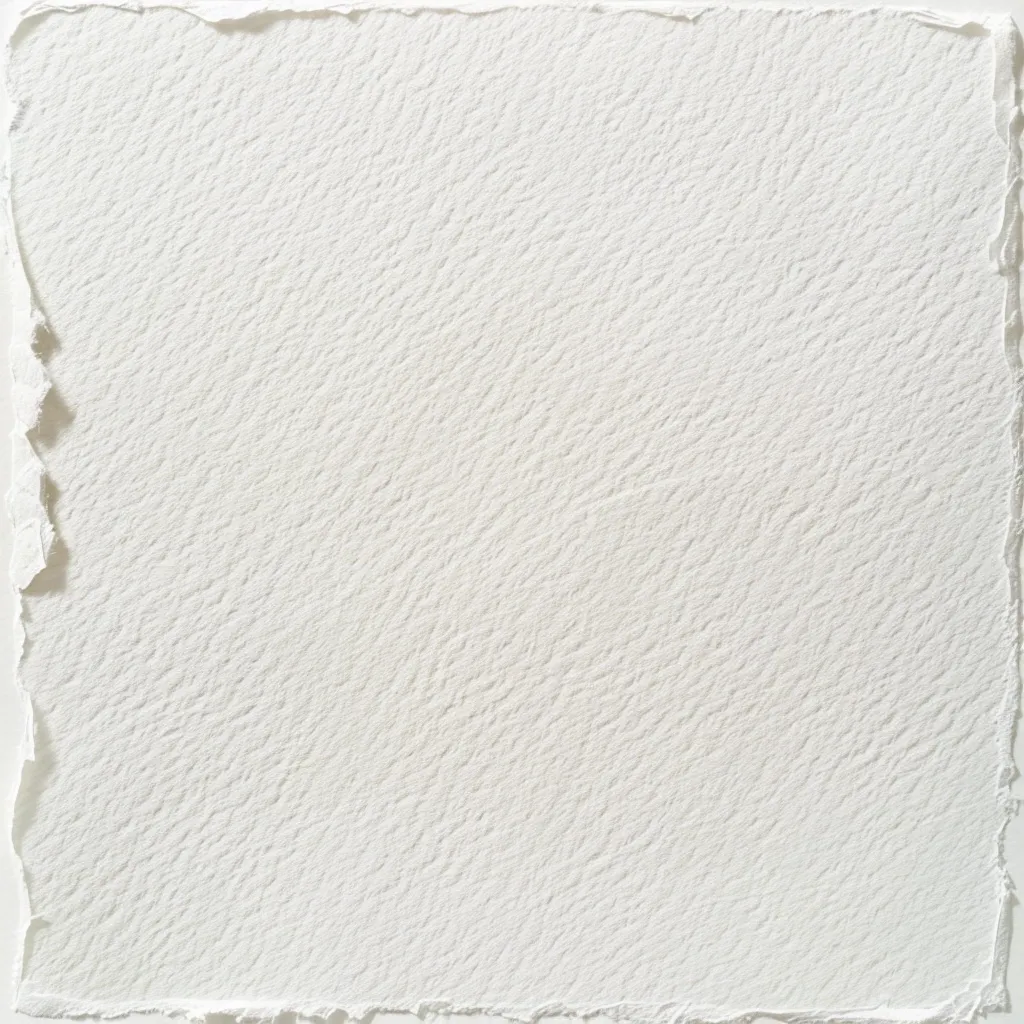 The image shows a piece of textured, off-white paper with a deckled edge.  The paper has a slightly rough, almost granular surface with a subtle pattern. The color is a consistent, pale off-white, and there's a slight variation in tone, possibly from the paper's natural fibers or slight discoloration. The irregular, torn edges add to its handmade or artisanal appearance.  The overall impression is one of simplicity and natural texture.