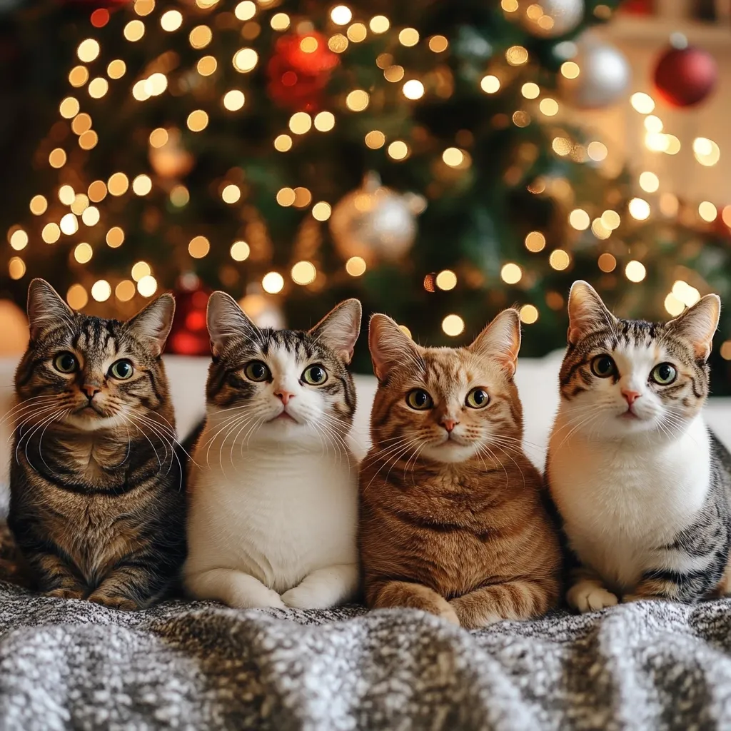 Four cats sit side-by-side in front of a brightly lit Christmas tree.  Two are tabby patterned, one is ginger, and one is predominantly white.  They are arranged neatly, gazing directly at the camera. The cats are resting on a cozy, textured grey blanket.  The warm, golden lights of the Christmas tree create a festive backdrop, enhancing the image's heartwarming, holiday feel.